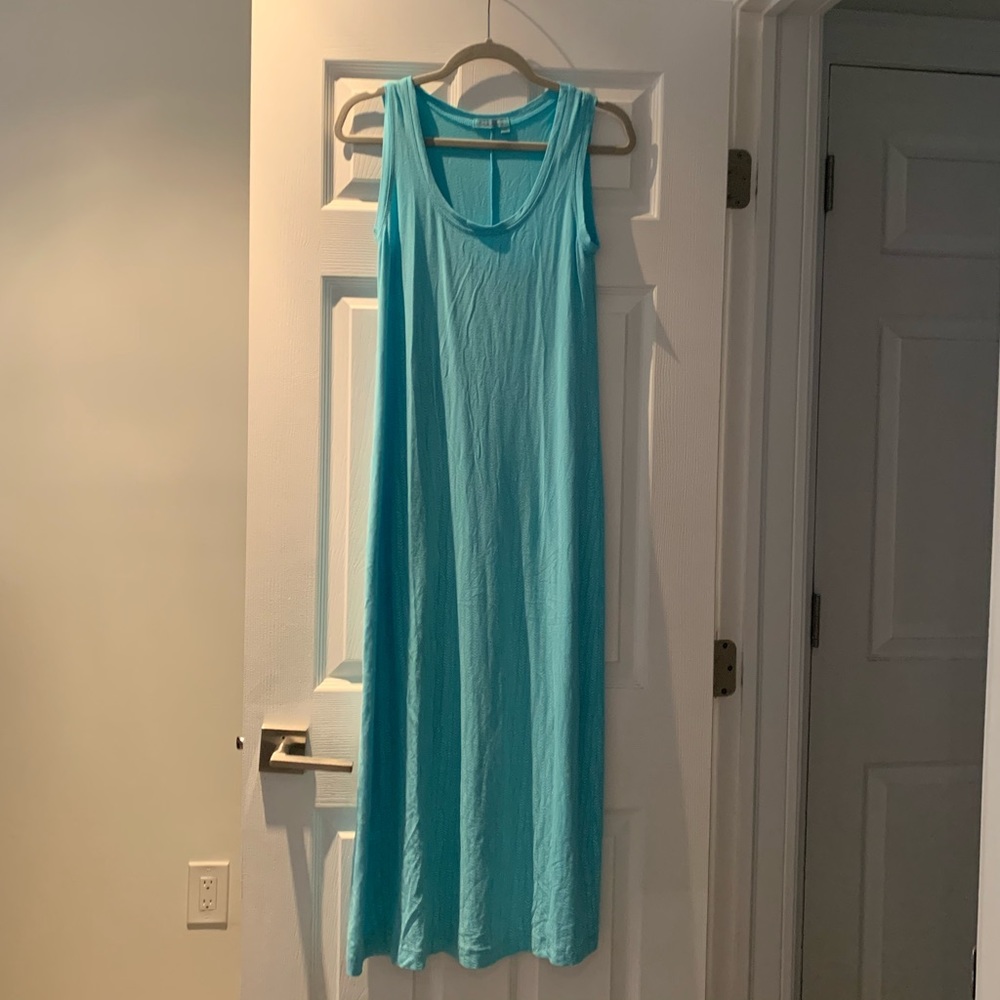 Fresh Produce aqua blue and white C'est La Vie maxi tank dress with pattern XS